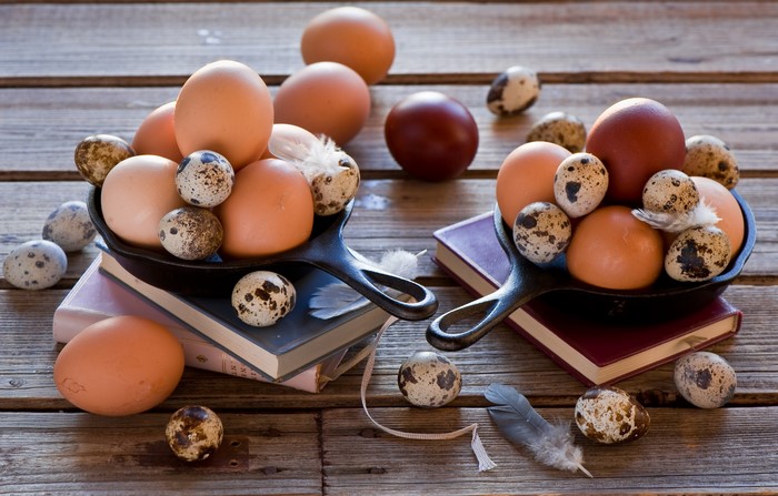 Eggs and feathers on wooden planks with books