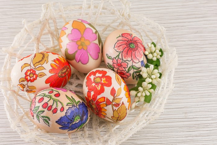 Easter Eggs with Floral Designs in a Basket