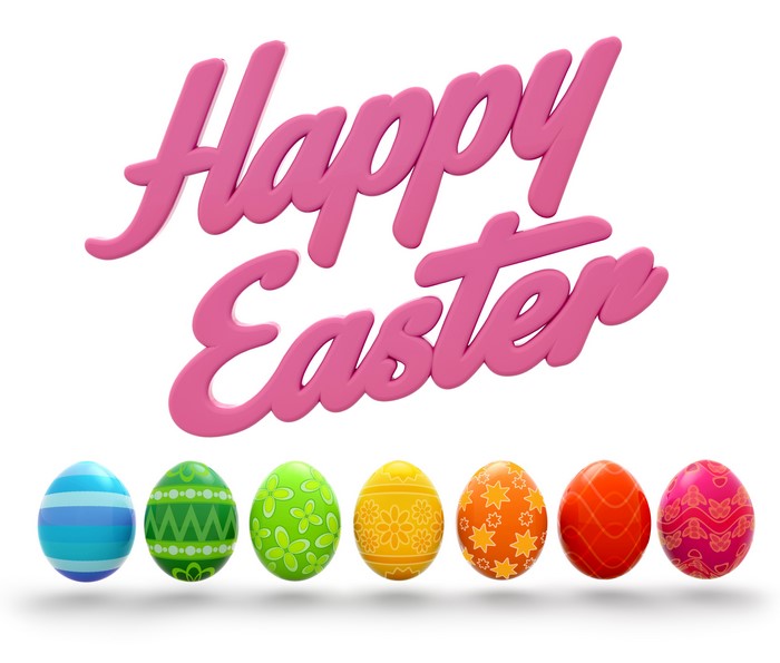 Happy Easter text with decorated eggs