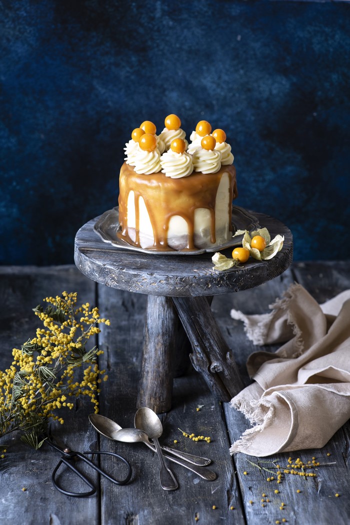 Caramel Drip Cake with Gooseberries