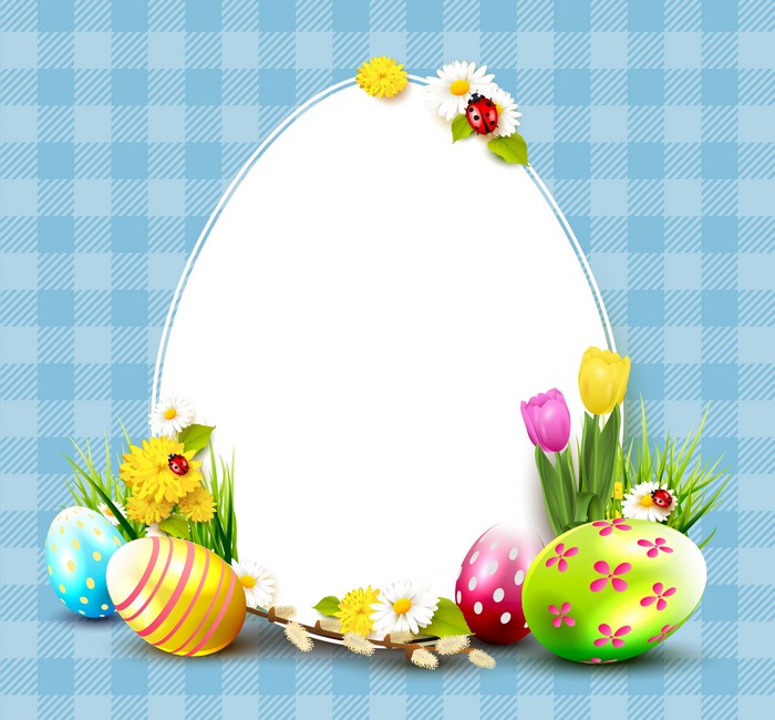 Easter Greeting Card with Eggs, Flowers, and Ladybugs