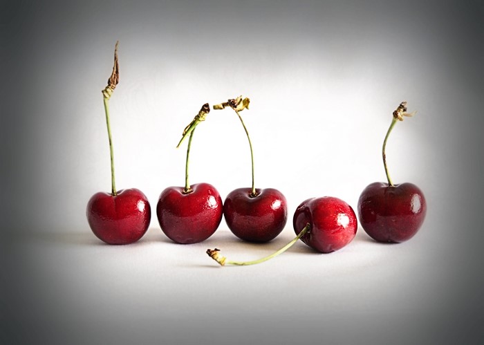 Five Cherries with Stems