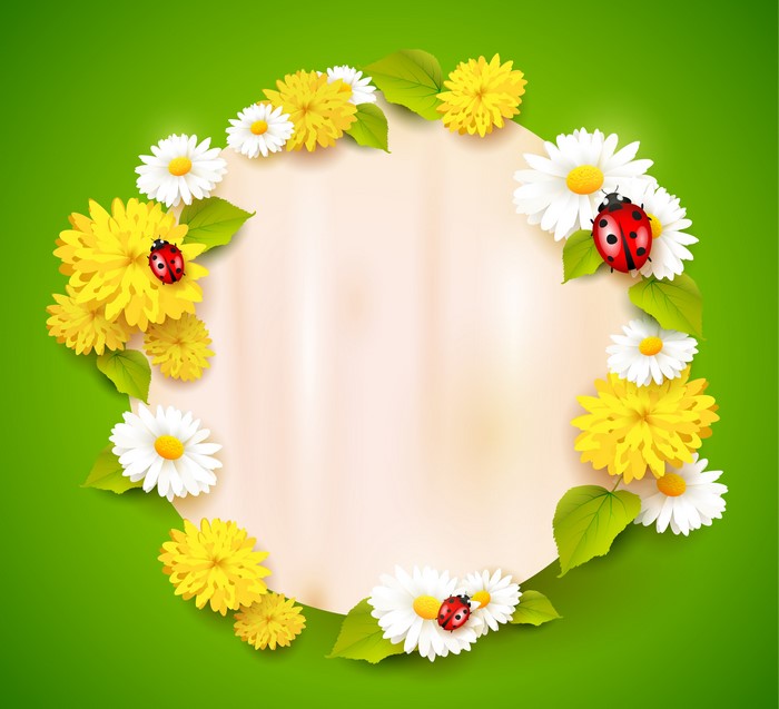 Dandelions, Camomiles, and Ladybugs on Green Background