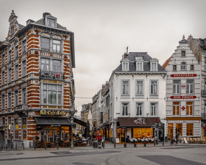 Street view of buildings and cafes in Brussels, Belgium
