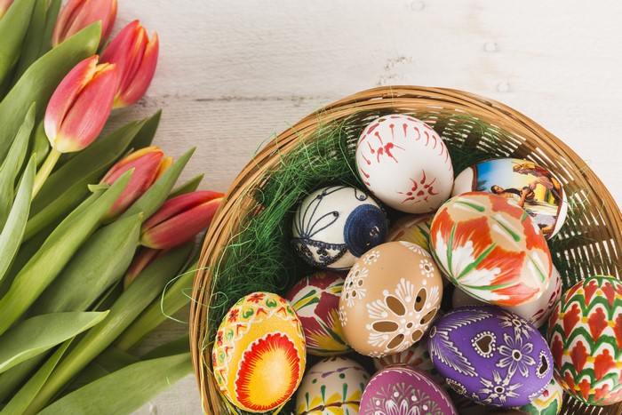 Easter Eggs in a Basket with Tulips