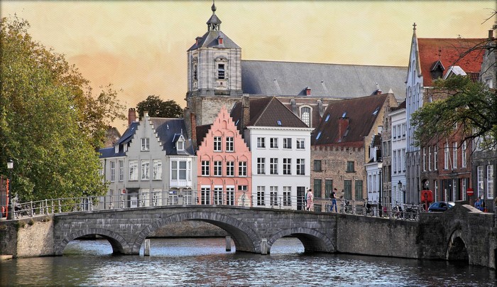 Canal and historic buildings in Bruges, Belgium