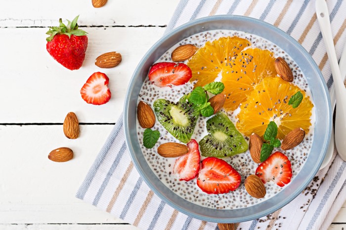 Chia Seed Pudding with Strawberries, Kiwi, and Orange