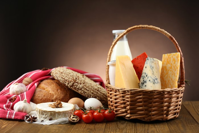 Basket of Cheese, Bread, Milk, and Produce