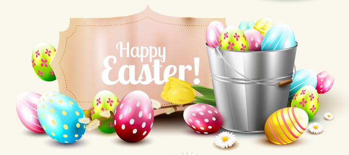 Happy Easter Eggs in Bucket with Tulip