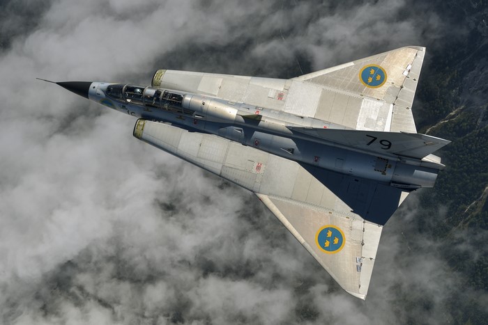4K Saab 35 Draken Swedish Fighter Airplane from above