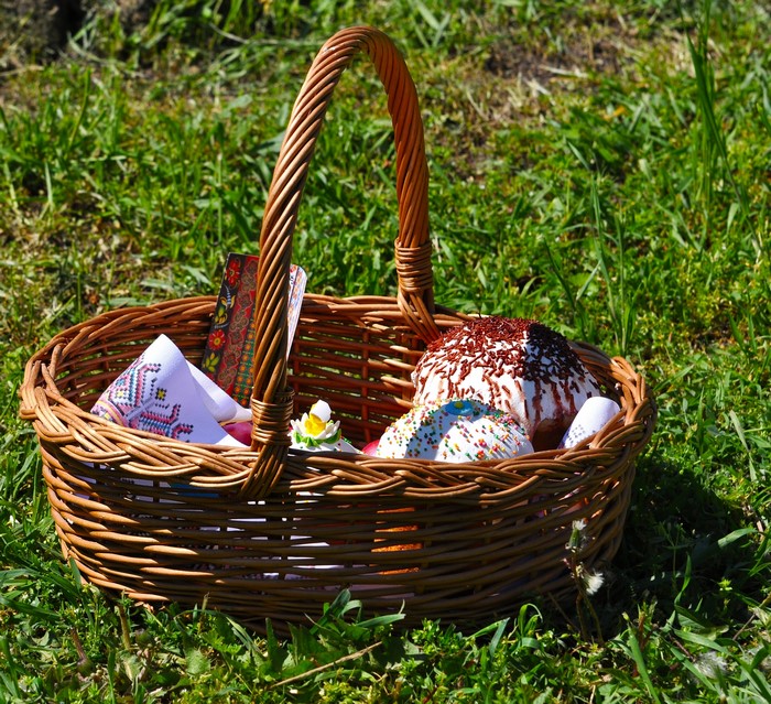 Easter basket with Kulich and embroidered cloth on grass
