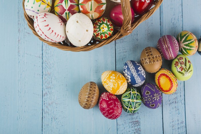 Easter eggs in a basket on wood planks