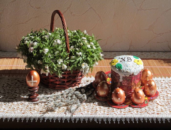 Easter Kulich, Eggs, and Flowers in a Basket