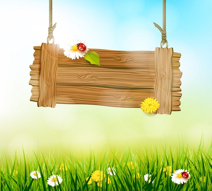 Wooden sign with flowers and ladybugs