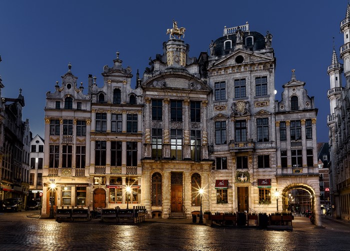 Grand Place Brussels at night with street lights