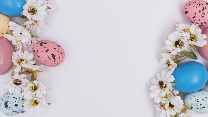 Easter eggs and white chrysanthemums on a white background
