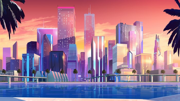 Synthwave Cityscape with Palm Trees and Pool