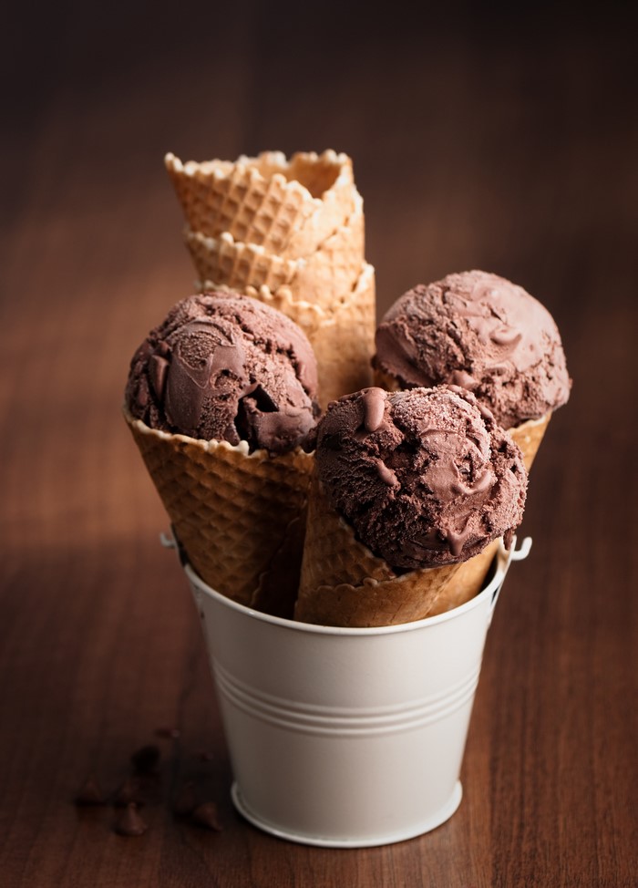 Chocolate ice cream cones in a bucket