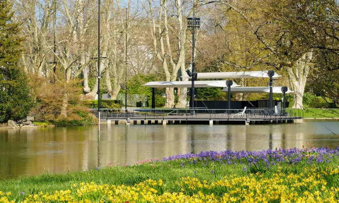 Park with pond and flowers in Karlsruhe, Germany