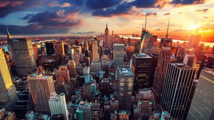 4K New York City Skyscrapers at Sunset