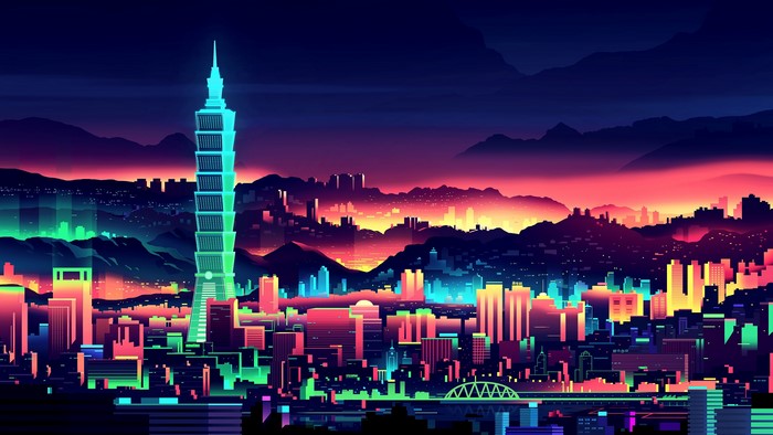 Synthwave Cityscape by Romain Trystram