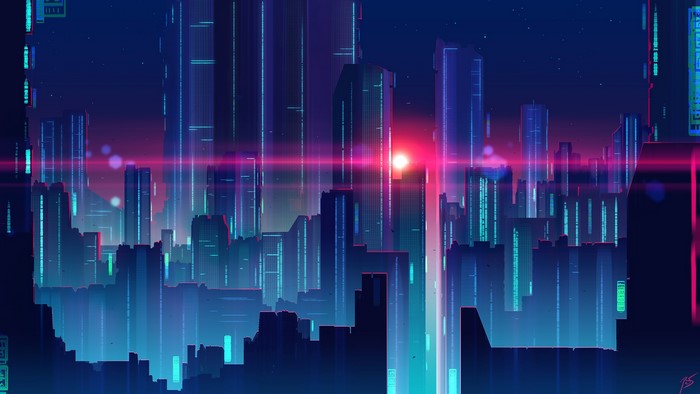 Synthwave cityscape by Joey Jazz
