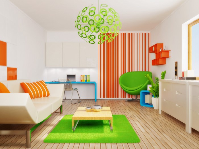 Modern living room with orange and green accents
