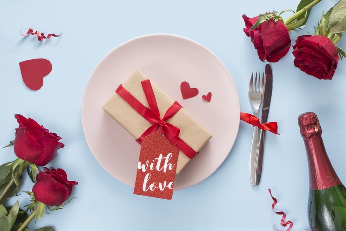 Valentine's Day Table Setting with Roses and Gift