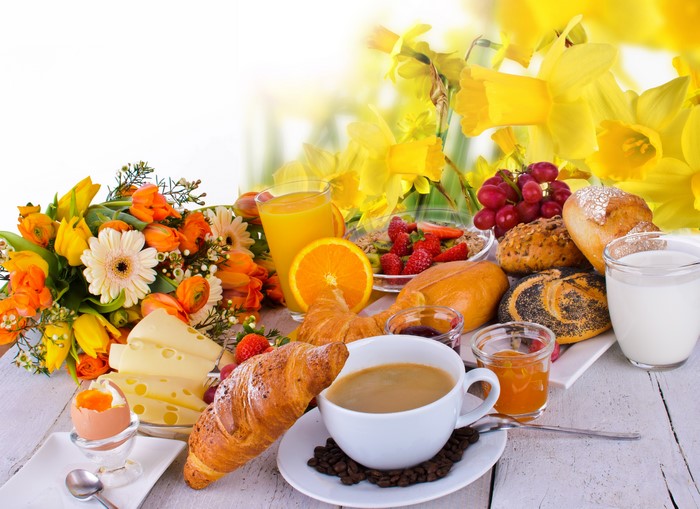 Easter Breakfast with Flowers, Coffee, and Pastries