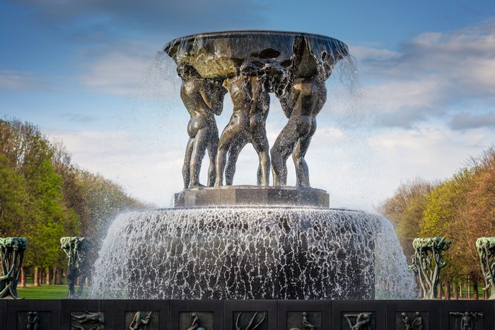 Fountain with sculptures in Vigeland Park, Oslo, Norway