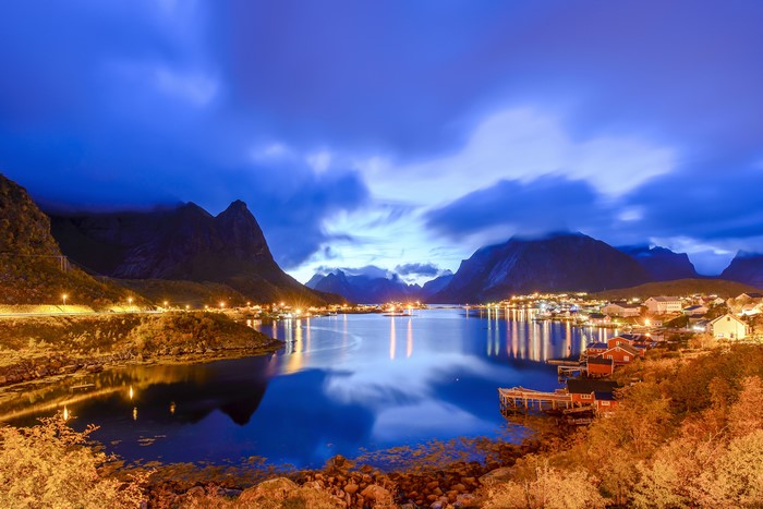 Reine, Lofoten, Norway at Dusk with Mountains and Bay