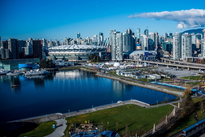 Vancouver cityscape with stadium and waterfront