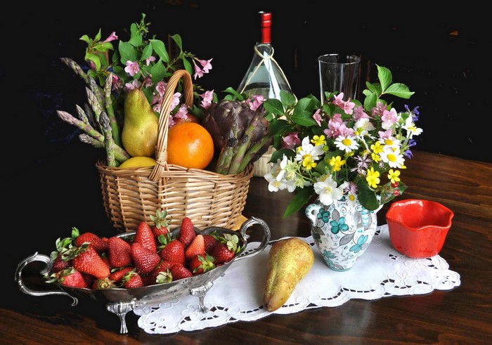 Still-life with fruits, flowers, and wine bottle