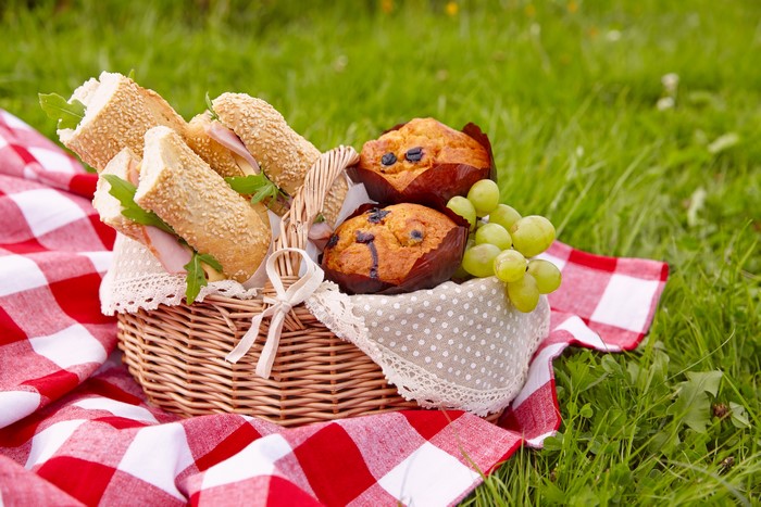 Picnic basket with sandwiches, muffins, and grapes on a blanket