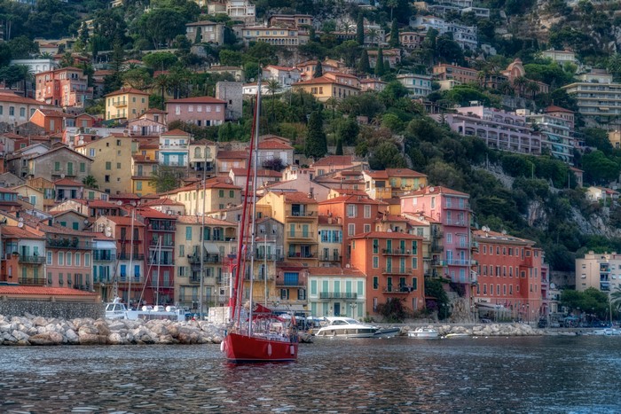 Villefranche-sur-Mer, French Riviera Coastline with Houses and Yacht