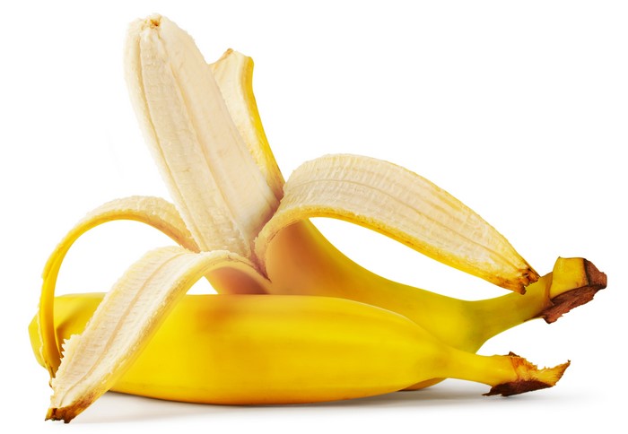 Two Bananas, One Partially Peeled