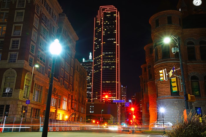 Dallas Street at Night with Illuminated Skyscrapers