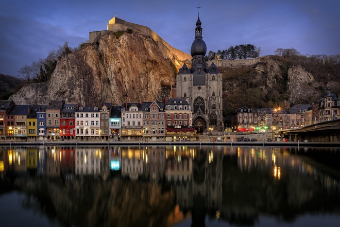 Dinant, Belgium Evening Riverfront with Citadel and Church