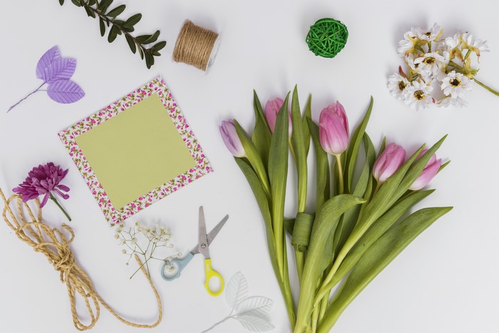 Tulips and crafting supplies on a gray background