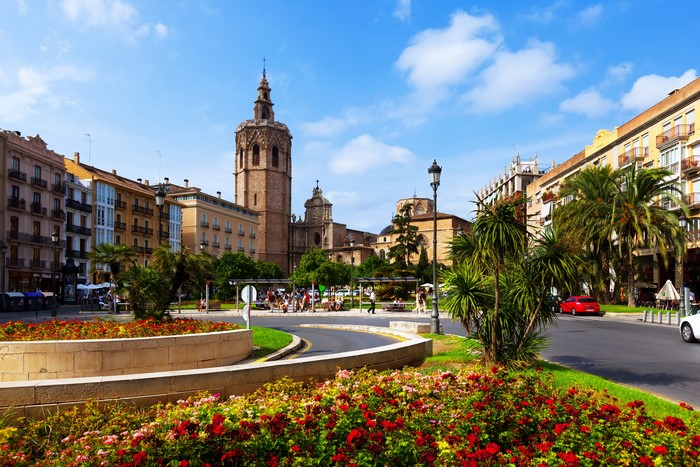 Valencia, Spain Street with Flowers and Buildings