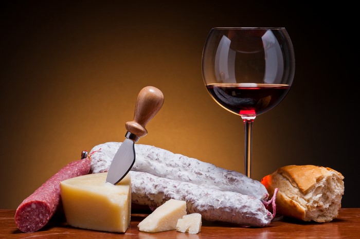 Sausage, Cheese, Bread, and Wine with Knife