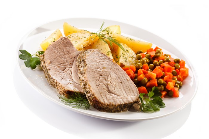 Roast meat with potatoes and vegetables on a plate