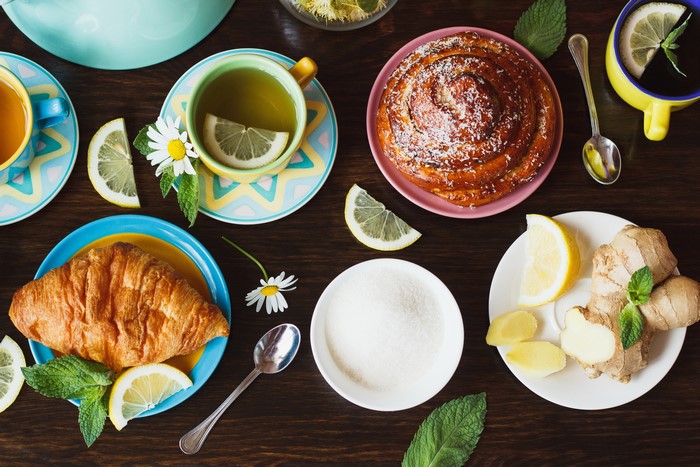 Tea, Croissant, Pastry, Lemons, and Ginger