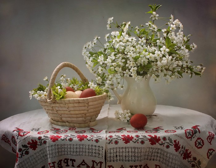 Easter still life with eggs and cherry blossoms