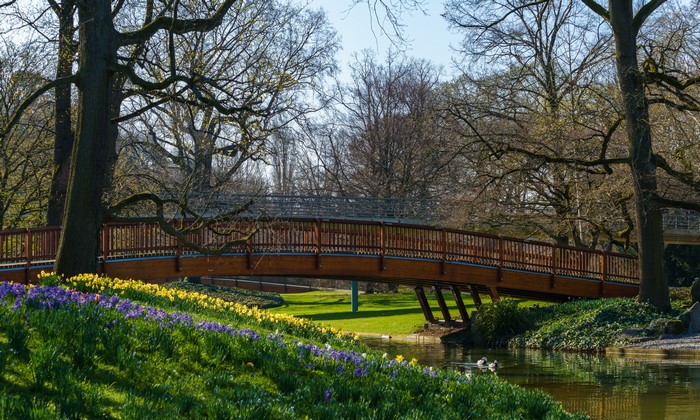 Spring park with bridge over river in Karlsruhe, Germany