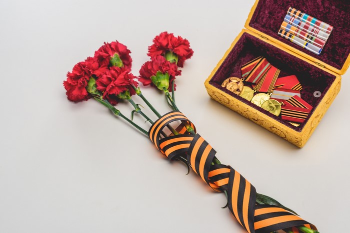 Red Carnations with Victory Day Ribbon and Medals