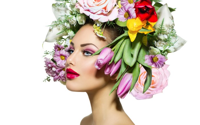 Woman with Flowers in Hair and Red Lips