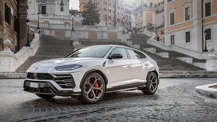 White Lamborghini Urus on Spanish Steps