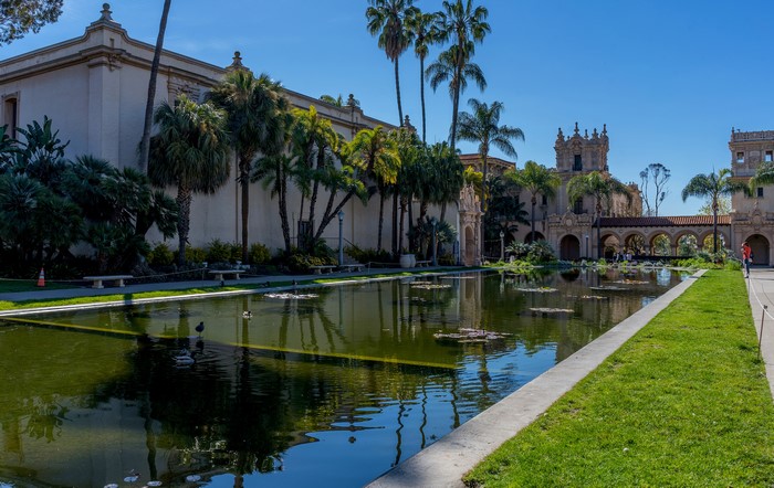 Balboa Park Pond with Palm Trees and Spanish Architecture