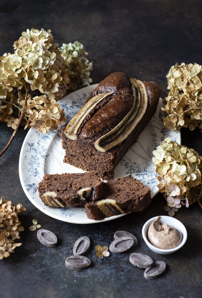 Chocolate banana bread with dried hydrangeas and chocolate chips